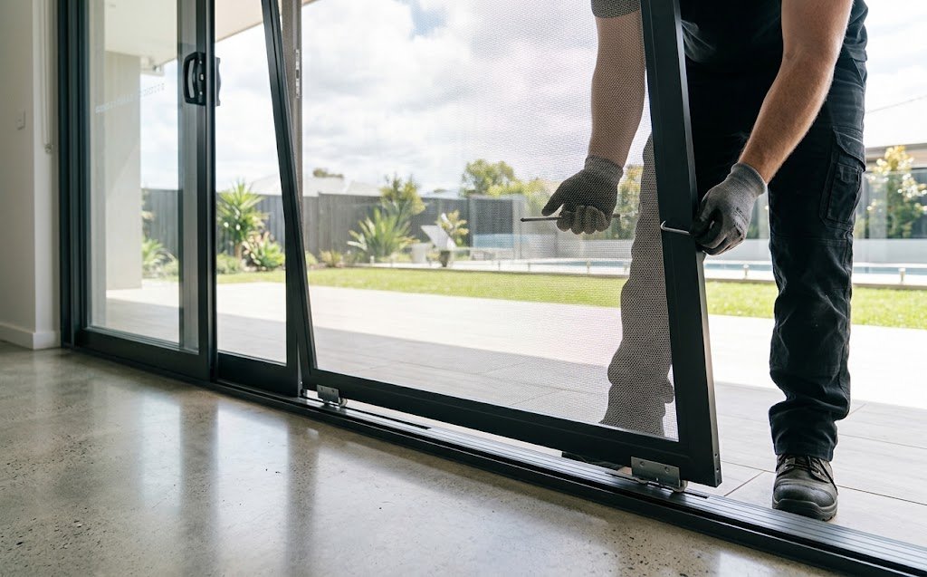 Sliding security screen fitted to a patio door track